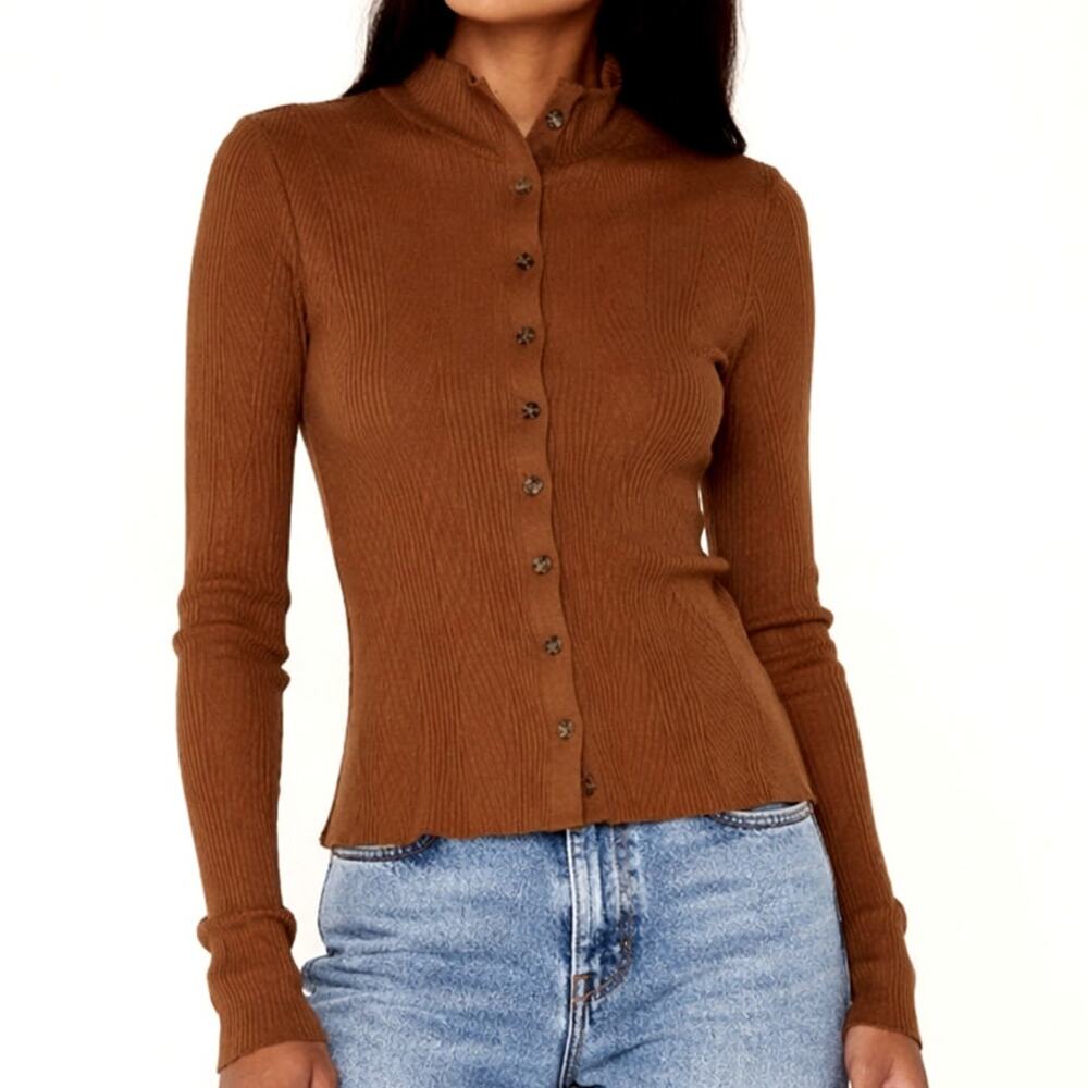 Revolve The Range Button Turtleneck Top Women Large Ribbed Knit Whiskey Brown